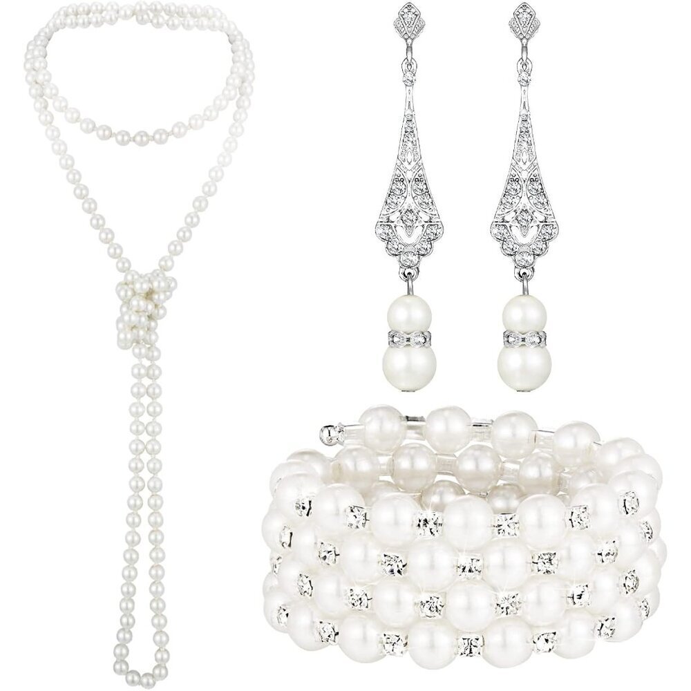 Pearl Jewelry Set Women Elegant Necklace Earrings Bracelet Gift for Celebrations